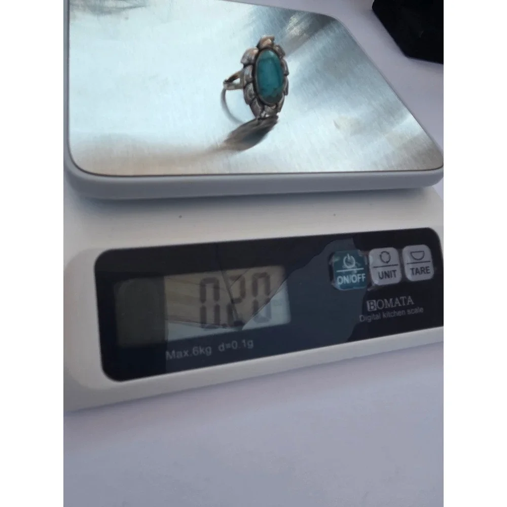 Vintage Sterling Silver 925 Turquoise Oval Scalloped Leaf Ring Size 6.25